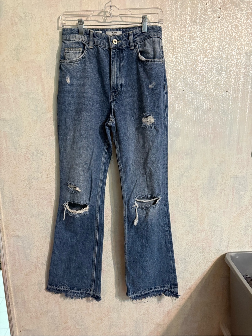 Bershka Light Blue High Waisted, Distressed Raw Hem Denim Jeans, Size 04